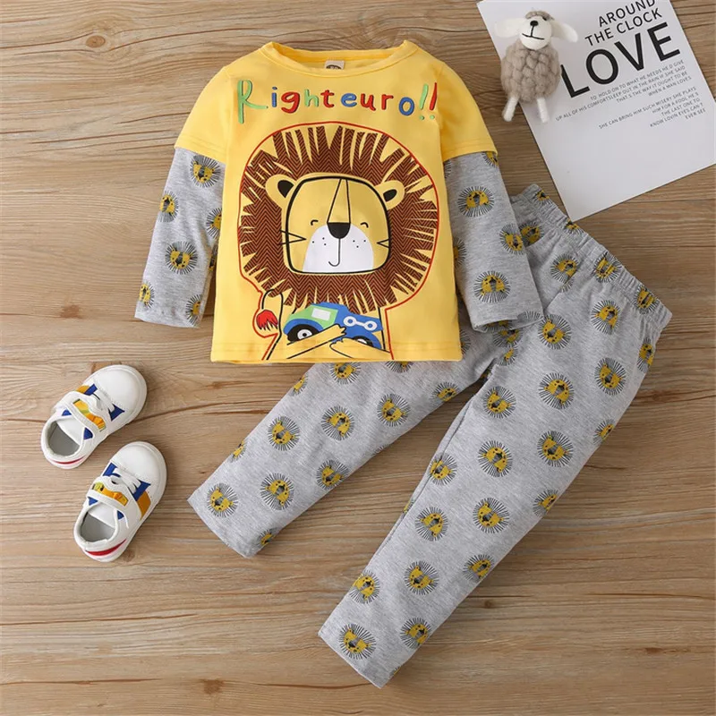 

Infant Clothing Autumn Spring Baby Girl Boy Yellow Lion Printed Tshirts Long Pants Children Child Girl Set 1-4 Years