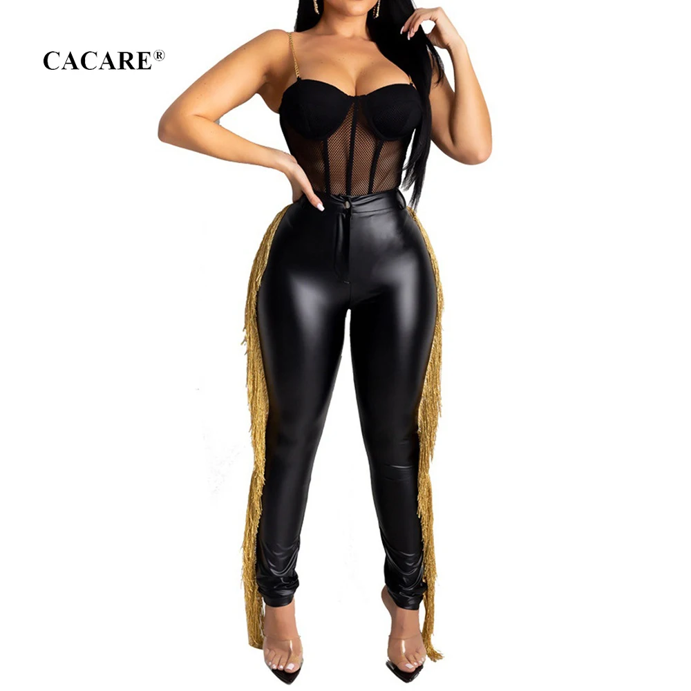 

CACARE Stretchy Pencil Pants Sale Women Skinny Trousers Imitation Leather Streetwear Party 2 Choices F0008 with Tassels