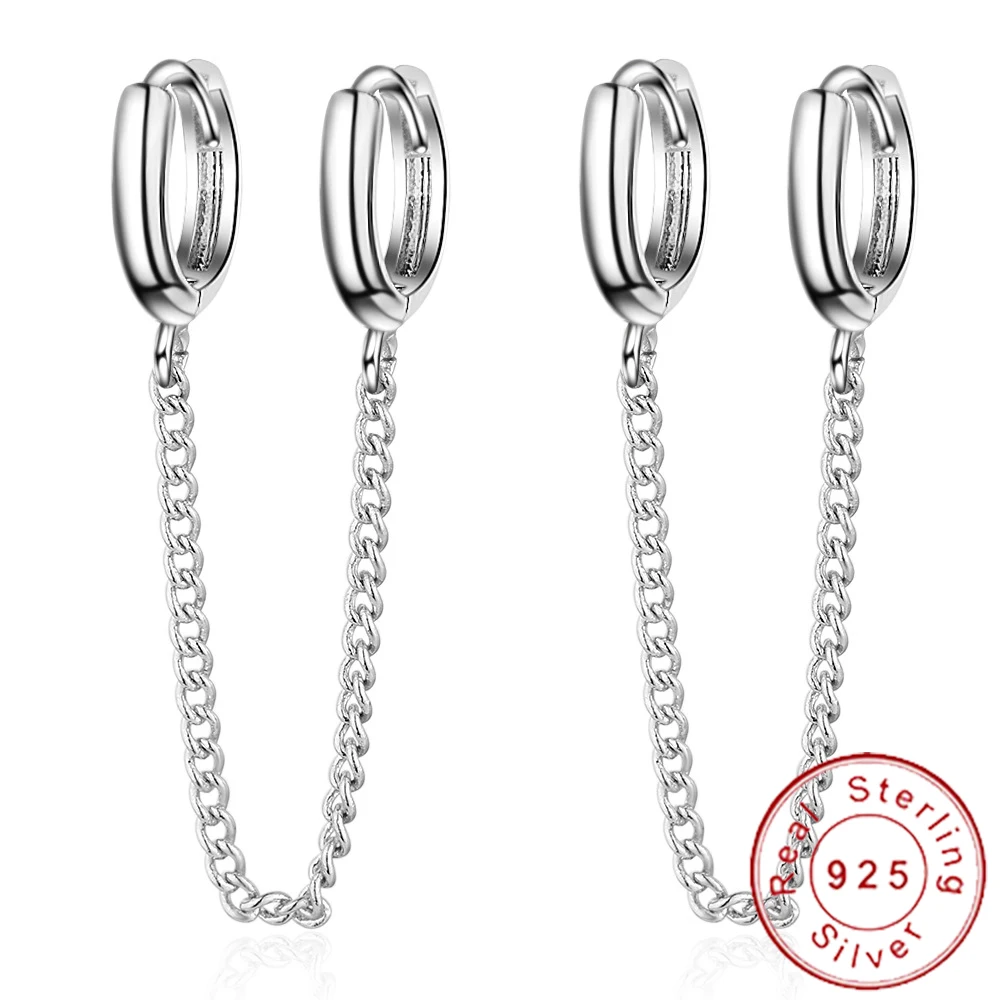 

Solid 925 Sterling Silver Double Earrings Chain Small Round Circle Hoop Tassel Ear Rings Two Ear Holes Helix Piercing SE178