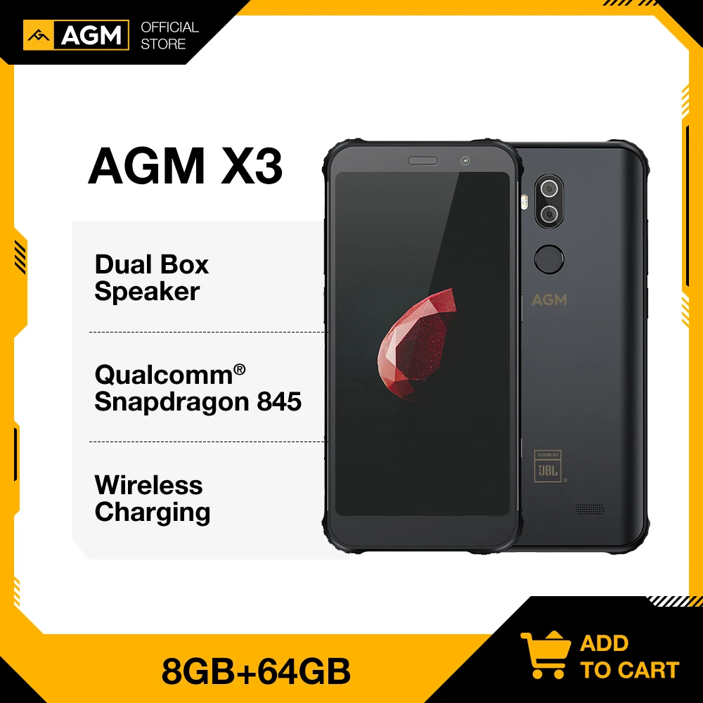 OFFICIAL AGM X3 JBL-Cobranding 5.99 4G Smartphone 8G+64G SDM845 Android 8.1 IP68 Waterproof Mobile Phone Dual BOX Speaker NFC