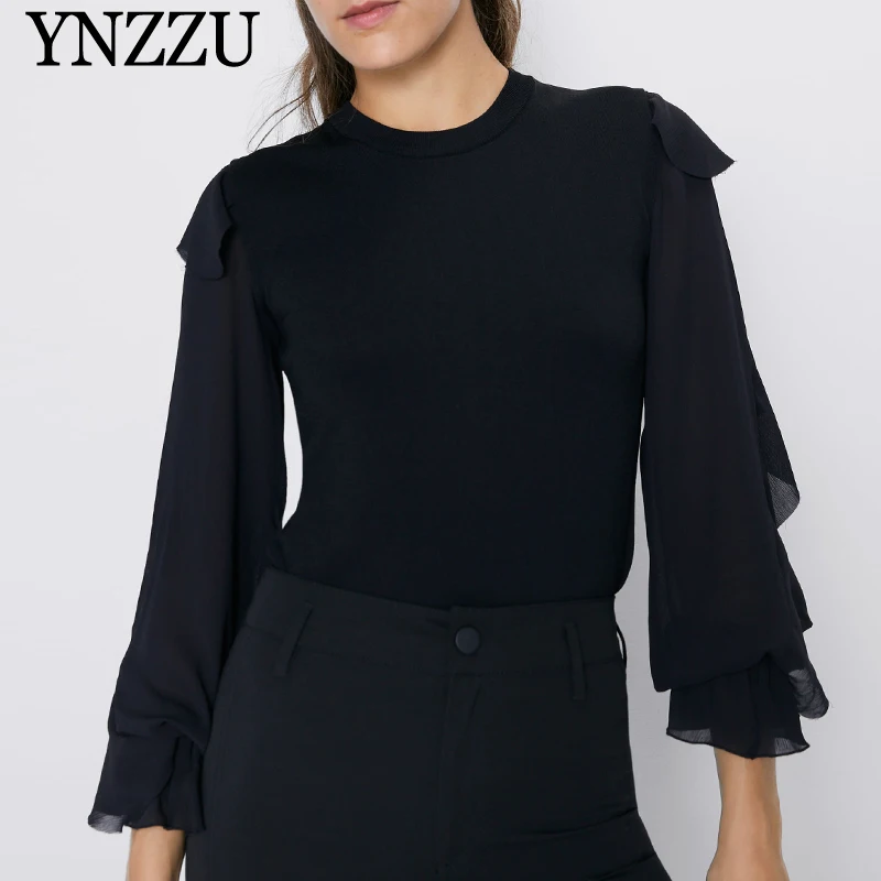 

2019 Autumn Black Women knitted sweater Sexy semi-sheer sleeves pullover tops O-neck Female Fashion Elegant Jumper YNZZU YT722