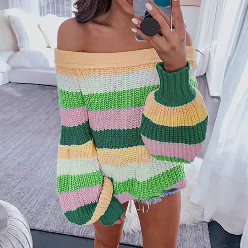 Шикарный Цветной полосатый 2019 осенне-зимний свободный свитер женский фонарь с