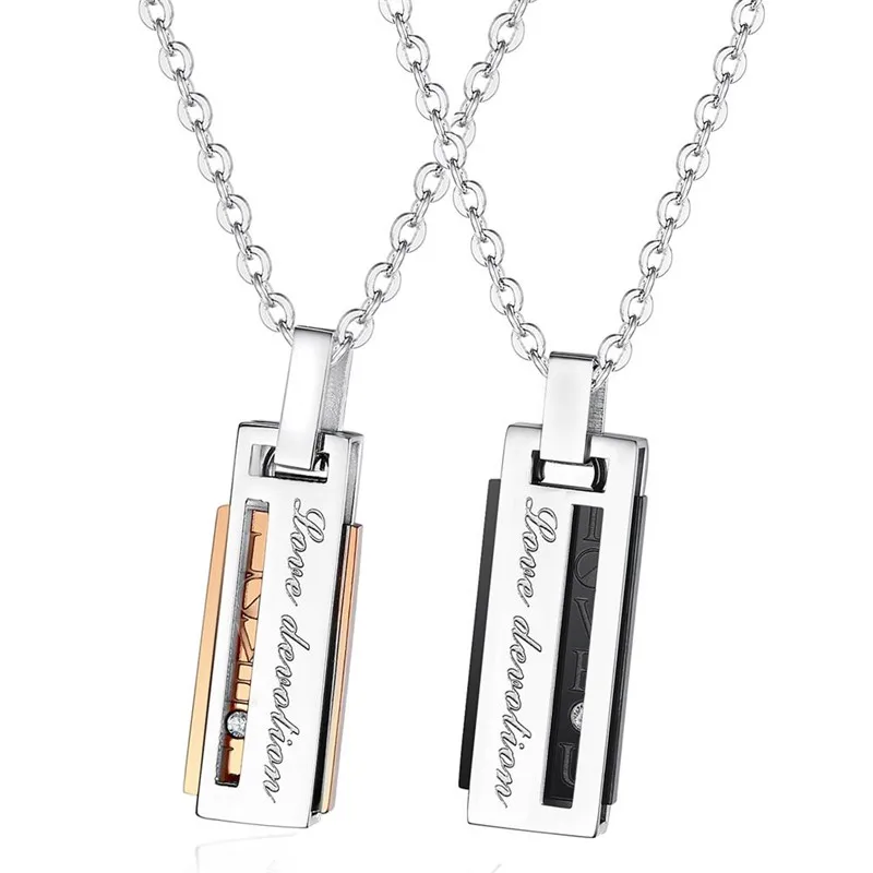 

Fashion Vertical Rectangular Stainless Steel Couple Necklace Love Devotion Engraved Letter Necklace Men And Women Jewelry Gift