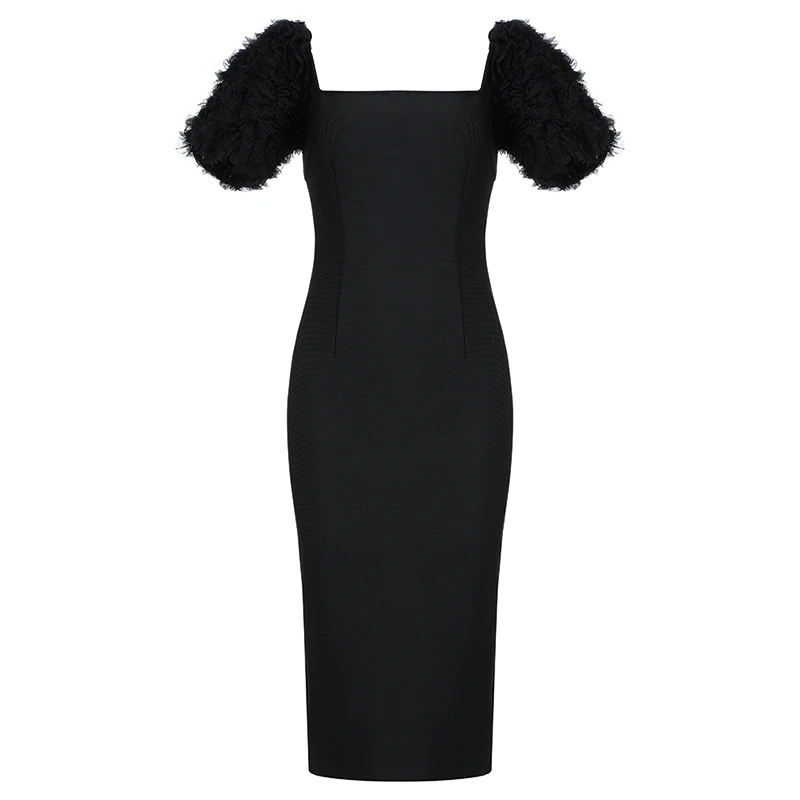 INDRESSME Новое модное офисное женское платье Vestidos с квадратным воротником, складное Сетчатое Пышное Платье с коротким рукавом и повязкой по колено