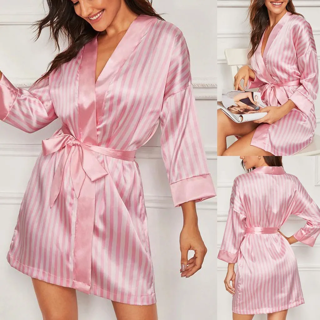 Размера плюс, сексуальное женское белье, шелковый полосатый халат, Атласный халат, одежда для сна, пижамы, свободные, короткие, розовые, S-2XL, халат