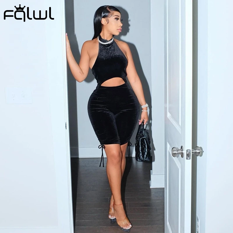 FQLWL Summer Streetwear Bodycon Hollow Out Romper Women Velour Sleeveless Halter Backless Rompers Playsuit Black Short Jumpsuits |