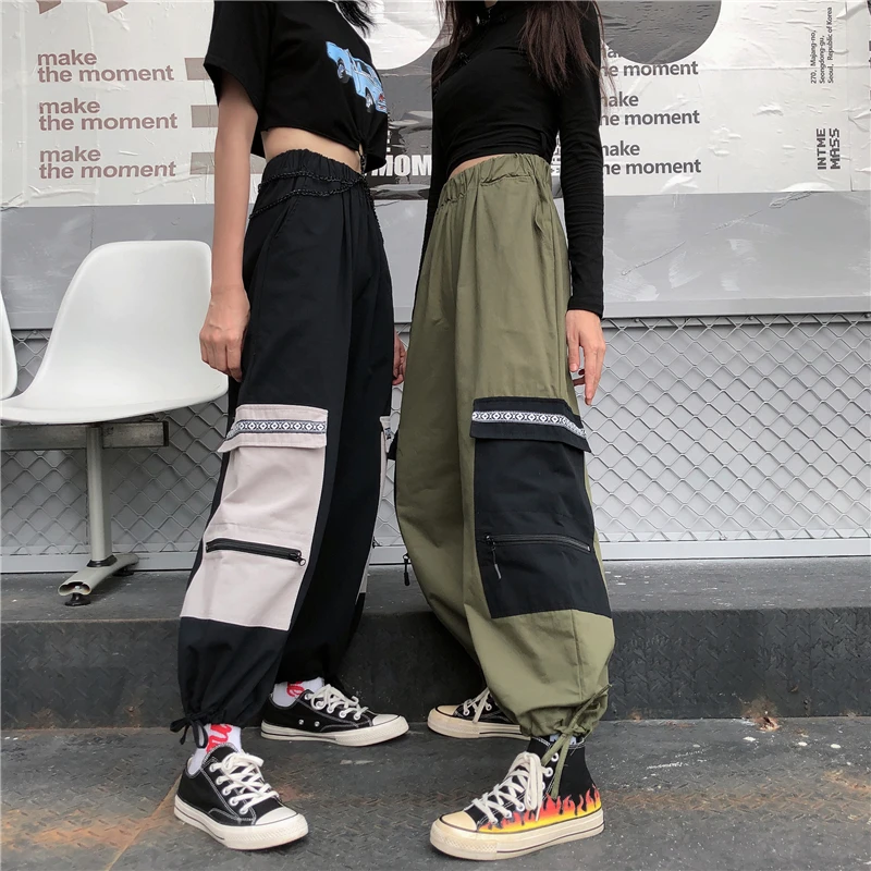 

Fashion cargo pants Woman streetwear big pockets elastic waist black green female wide-legged pants autumn spring