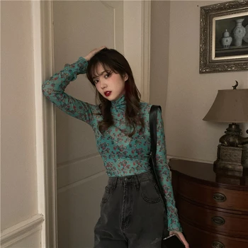 

PX2667 Floral Half High Neck Long Sleeve T-shirt Women's Fall 2020 New