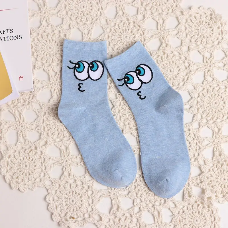 5 Pairs Harajuku Women Cotton Crew Socks Big Eyes Expression Print Tube Hosiery