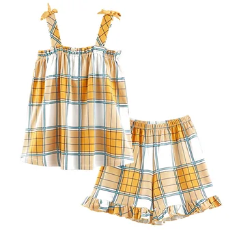 

Korea Style Summer Women Pajamas Sling Cotton Pajamas Set Cute Yellow Grid Print Bow Nightgown Ladies Homewear Soft Loungewear