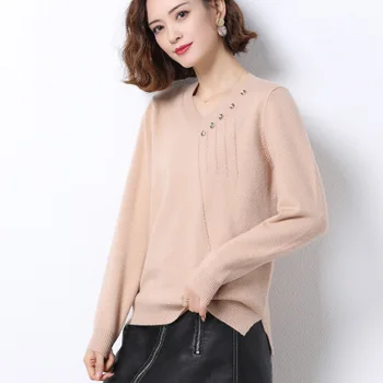 

Women's Pullover Spring and Autumn Long Sleeve Knitwear Pure Color V-neck Pullover gray