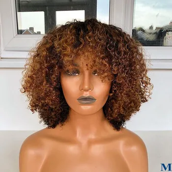 

13x6 Front Afro Kinky Curly Ombre Blonde Full Lace Wig with Bangs 360 Lace Front Remy Human Hair Wig Transparent Lace Fringe wig