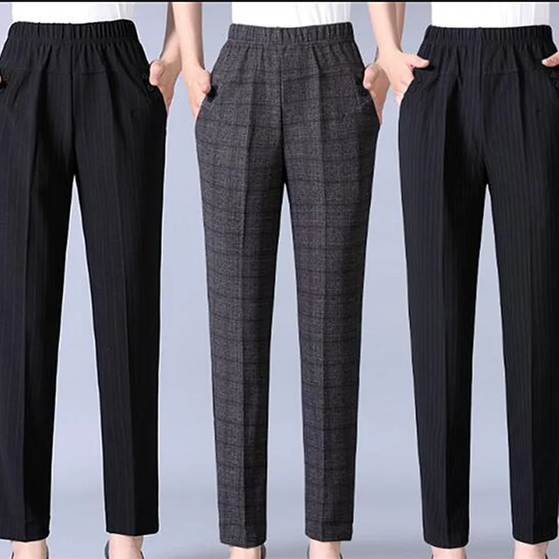 

Autumn Winter Middl Aged Stripte Pants Women Warm Velvet Elastic Waist Casual Straight Pants Female Trousers Plus Size Clothing