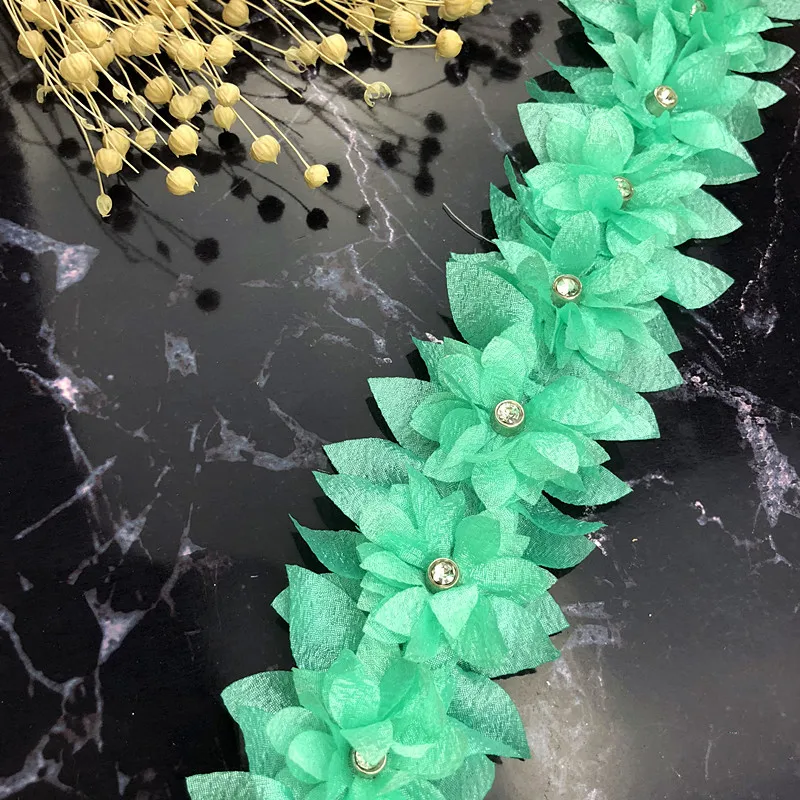 1 ярд Зеленый 3D цветок жемчуг алмазная кружевная отделка аппликация лента