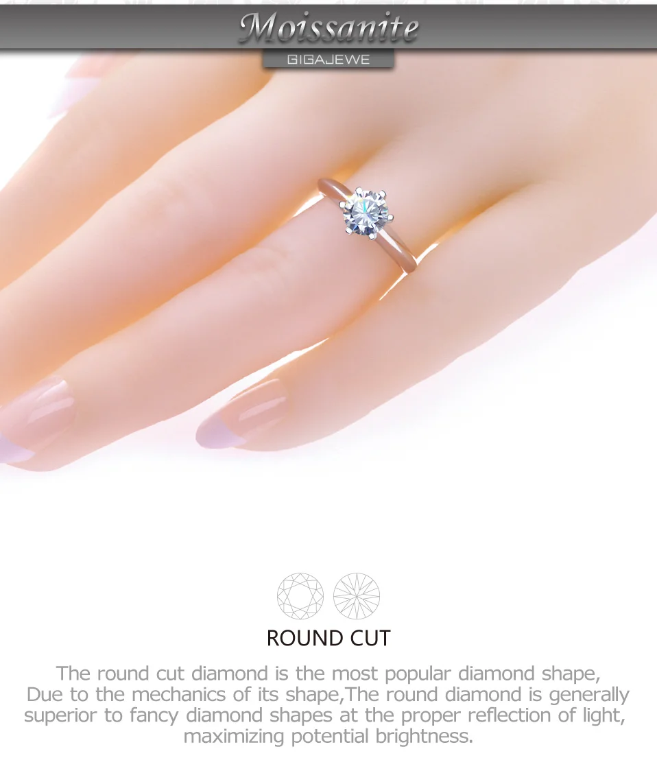 GIGAJEWE 1.0ct 6,5 мм EF Круглый 18 К покрытый белым золотом 925 Серебряное кольцо с муассанитом, Алмазное Проверенное ювелирное изделие, подарок для девушки