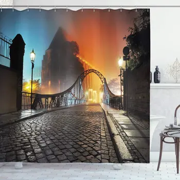 

Apartment Decor Shower Curtain Set Modern City Bridge at Night with Mystical Lights Illumination Sightseeing Urban Photo