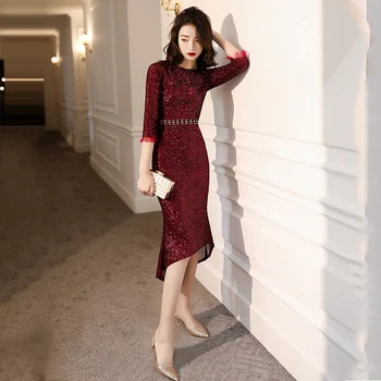 

Sequined Prom Dresses K338 O-Neck Tea-Length Women Party Dress Three Quarter Sleeve Elegant Vestidos Burgundy Mermaid Gowns