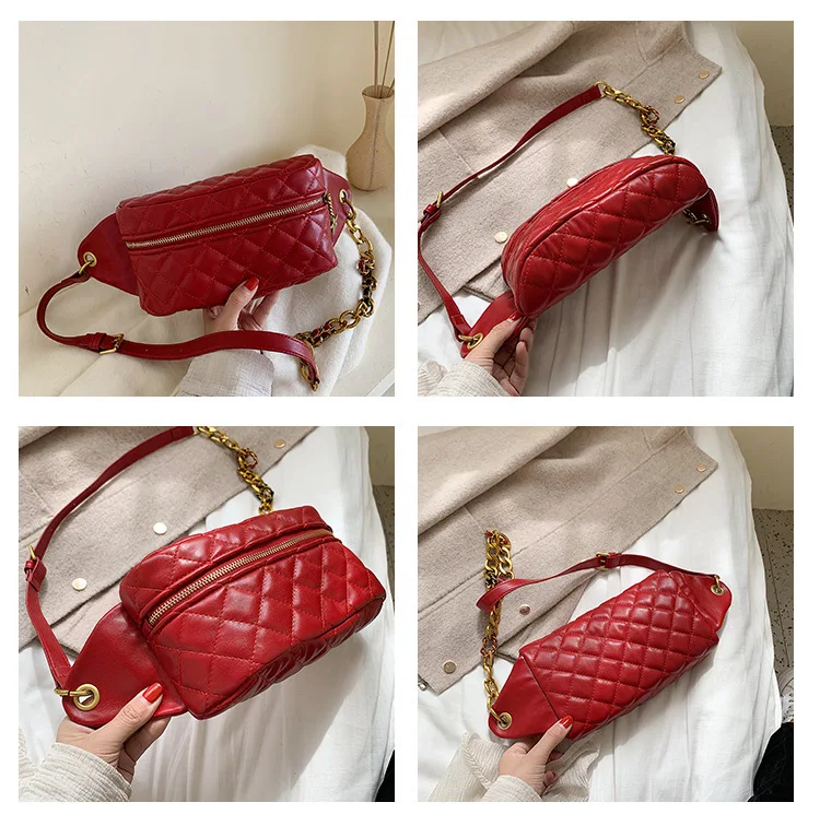 JI HAO Brand Design Diamond Lattice Shoulder Bags Female PU Leather Chains Solid Chest Bag For Women Ladies Fashion Waist Bags