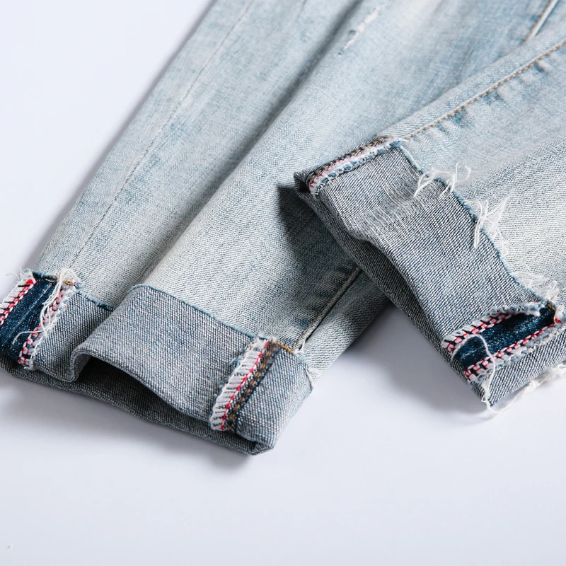 Popular Fashion Streetwear Men's Jeans Vintage BlueDestroyed Jeans Pants Homme Jeans Men Slim Fit Straight Ripped Distressed Pleated