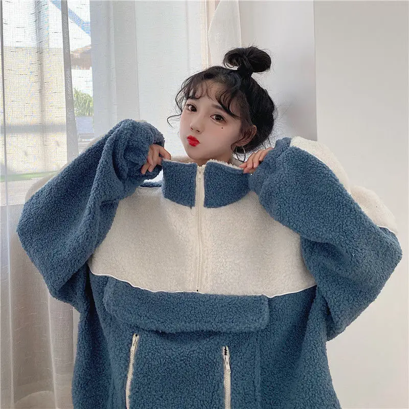 

Autumn and winter new loose Korean version of the color half zipper collar in the long imitation lamb plush coat plus velvet