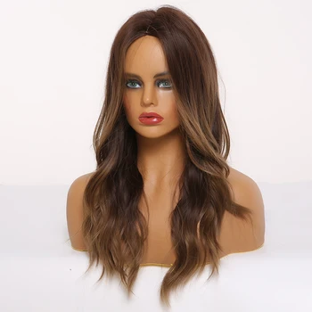 

ALAN EATON Middle Part Synthetic Wigs Ombre Black Brown Honey Wig with Highlights Long Wavy Wig for Black Women African American
