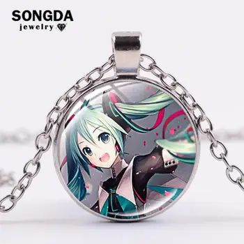 

SONGDA Brand Hatsune Miku Anime Figures Necklace Janpanese Cartoon Cute Pattern Glass Cabochon Pendant Necklace Baby Girls Gift