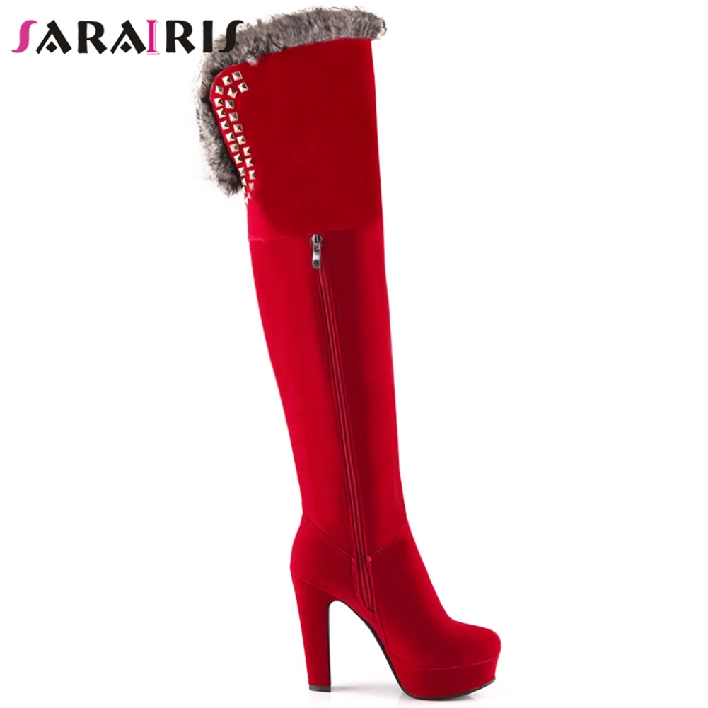 

SARAIRIS Brand New Flock Female Fashion Rivet Thigh High Boots Party Sexy Boots Women High Heels Over The Knee Shoes Woman