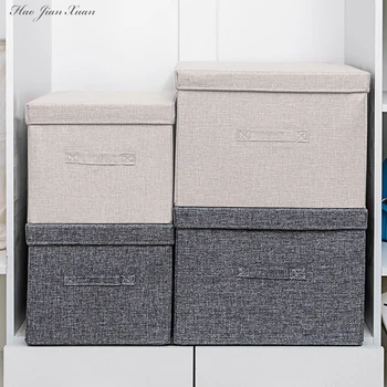 2021 New Washable Cotton Linen Fabric Folding CD Storage Box Foldable Bins Toys Organizer With Lid Storage Basket Laundry Basket 1