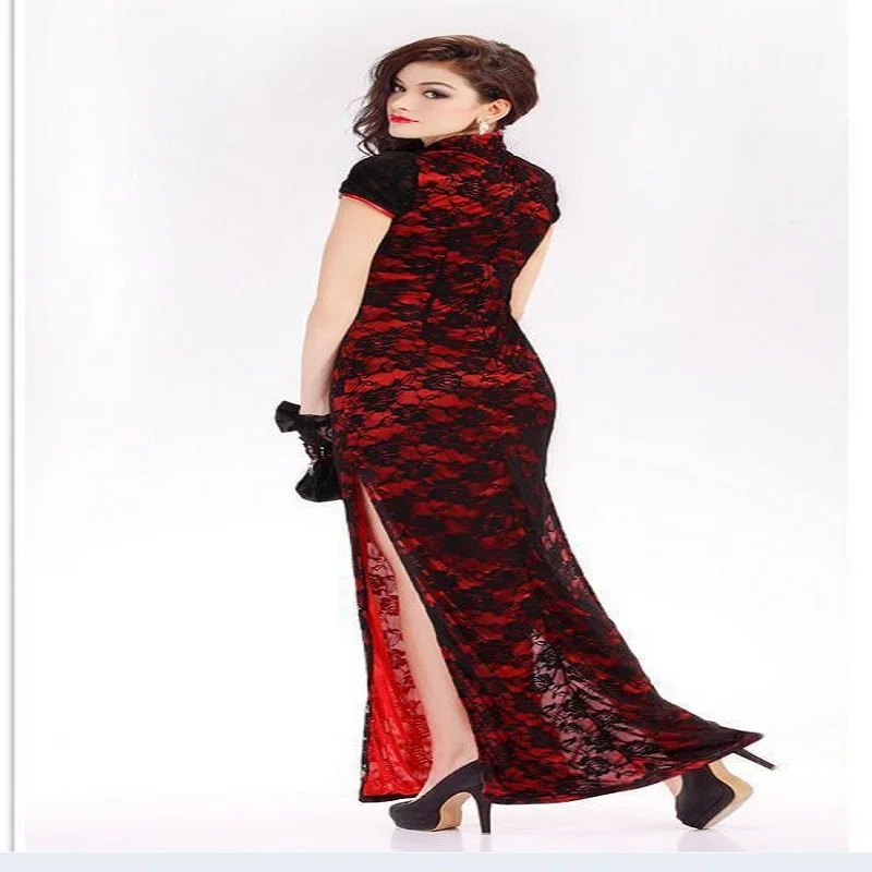 Foreign Trade Night Beach Fan Dance Sexy Modified Thin Lace Long Size Stage Catwalk in Short-Sleeved Performance Dress Cheongsam