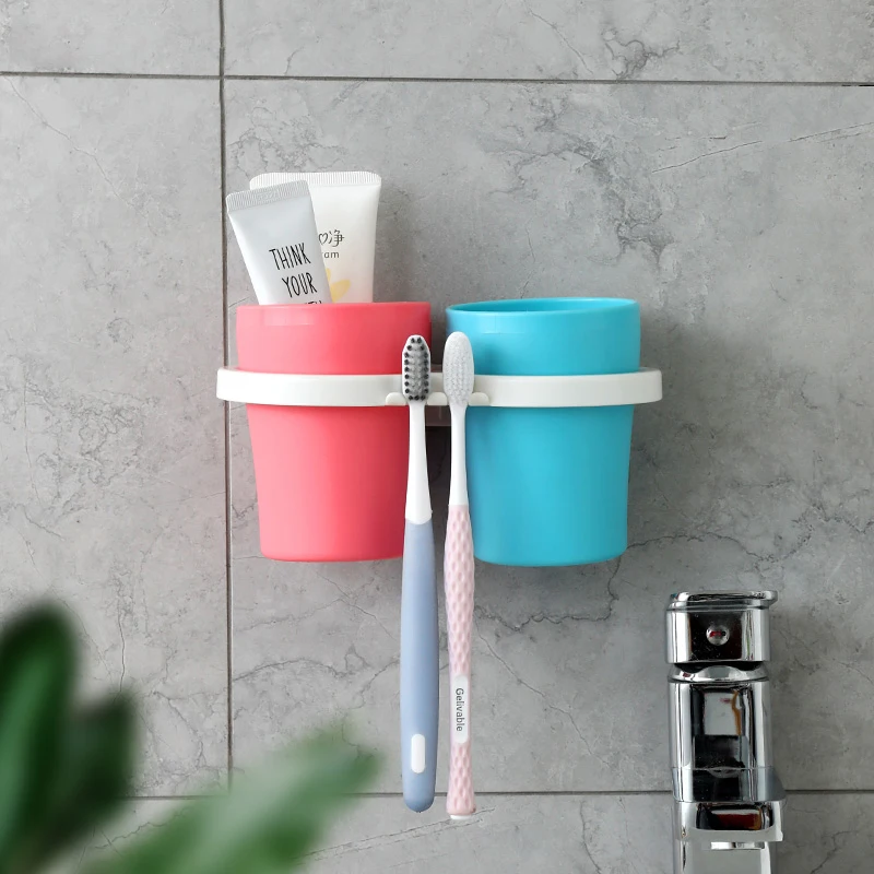 

Plastic Toothbrush Holder with Gargle Cup Home Suction Rack Wall Mount Bathroom Accessories Set