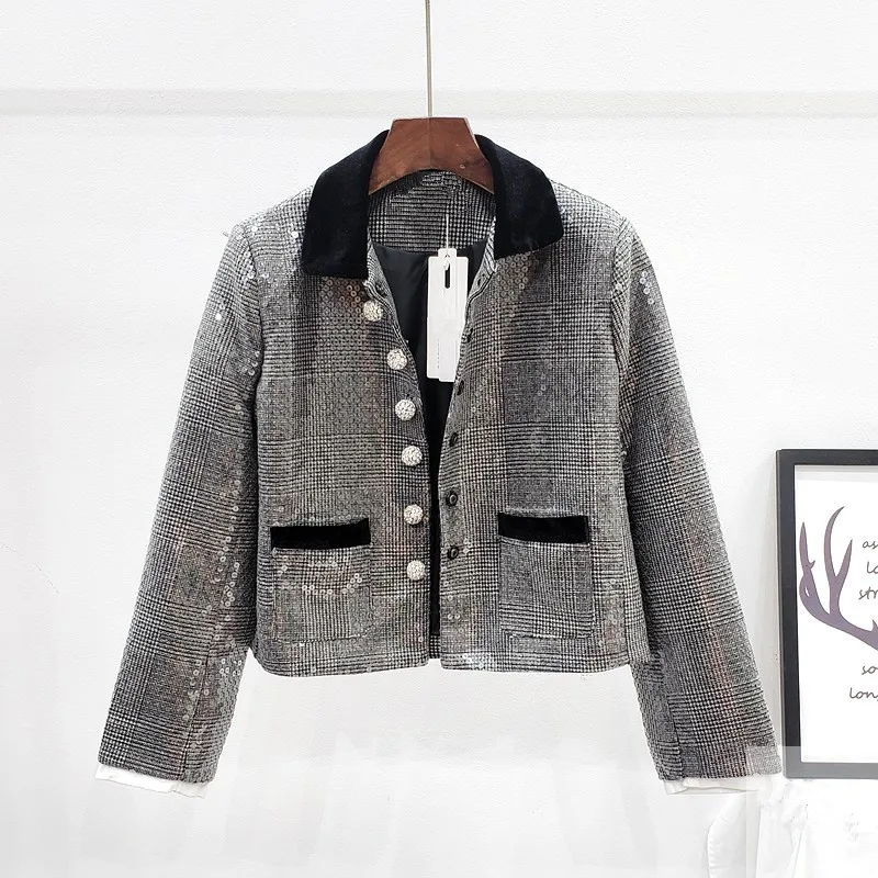 

Autumn New Fashion Sequins Suit Jacket Women Gray Outerwear Loose Short Long sleeve Suit Coat Female Chaquetas Mujer Streetwear