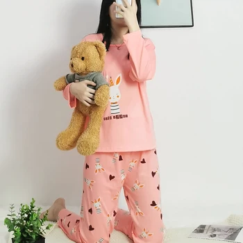

Womens Pajamas Sets Autumn Winter New Long Sleeve Cartoon Print Cute Loose Sleepwear Girl Pijamas Mujer Leisure Nightgown Women