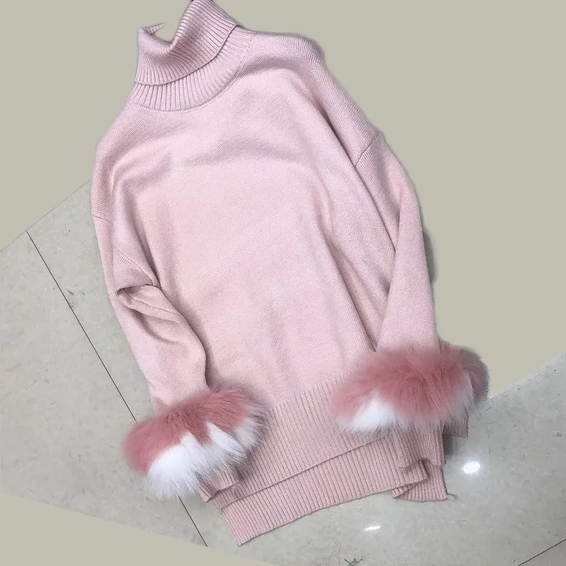Женский пуловер, лоскутный свитер из кроличьего меха, женский джемпер, женские свободные свитера, толстый зимний вязаный Свитер оверсайз - Цвет: D00730  pink