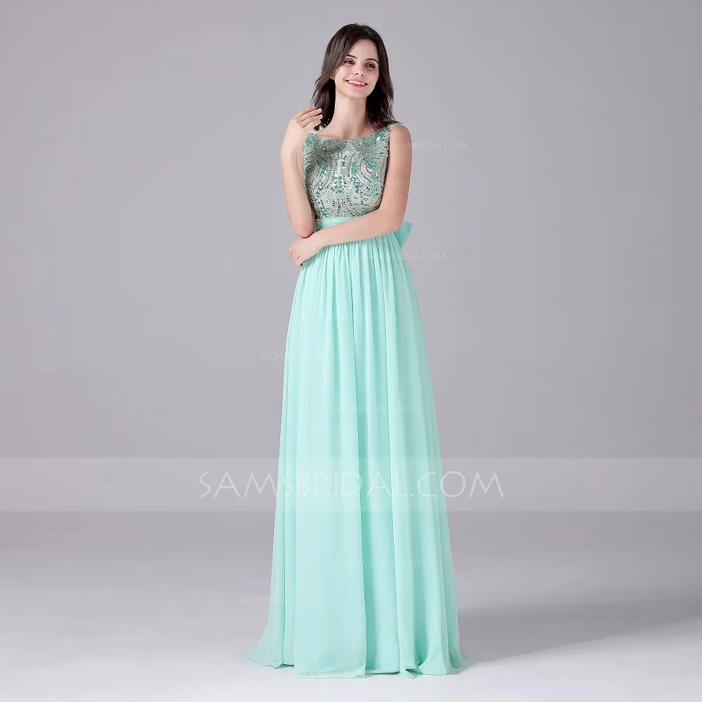 A-Line Beteau длиной до пола шифоновые платья подружки невесты с бантом - Цвет: As picture
