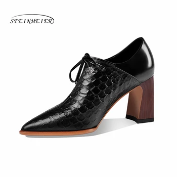 

Women summer high heels fashion genuine leather pumps spring thick heels shoes square toe laces heel woman shoes 2020