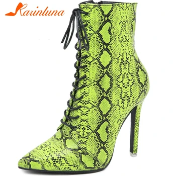 

KARINLUNA Brand New Ladies Thin High Heels Boots Fashion Snake Prints Pointed Toe Ankle Boots Women Party Sexy Shoes Woman