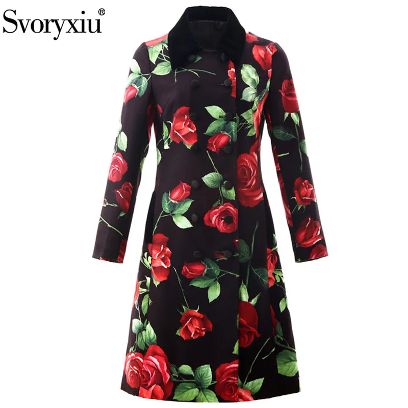 

Svoryxiu Runway Custom Winter Wool Blend Overcoat Outwear Women's Long Sleeve Big Rose Flower Print Vintage Overcoat Long Coat