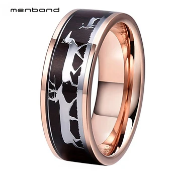 

Rose Gold Tungsten Rings For Men Women Deer Family Black Wood Inlay Pip Cut Polished Finish 8MM Ring Box Available