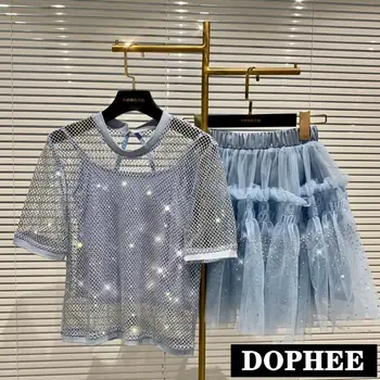 

Top Quality 2020 Summer New Shiny Mesh Diamond T-shirt + Camisole Sling + Rhinestone Tulle Skirt Three-Piece Set Women