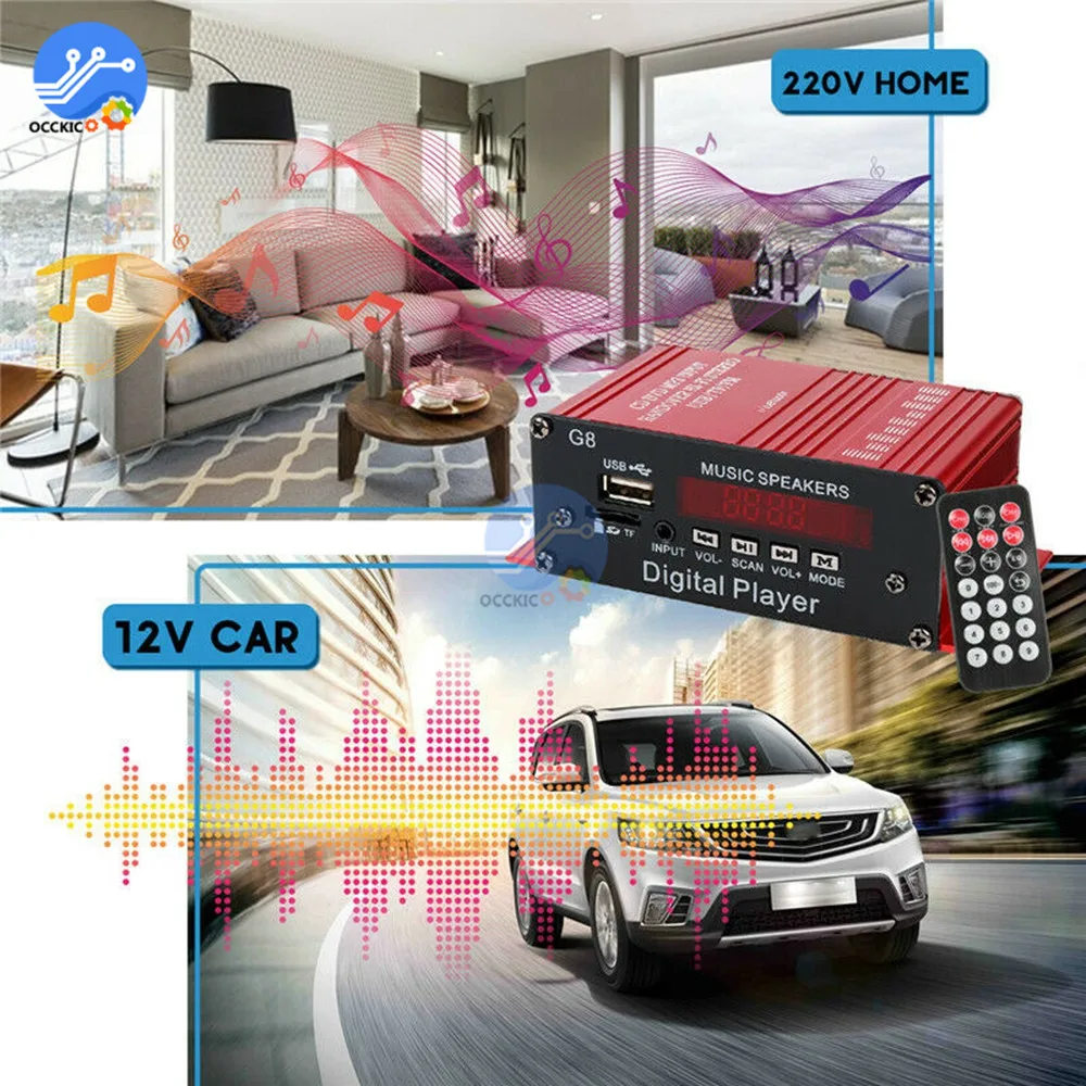 200W 12V Car Audio Bluetooth Amplifier HIFI Home Stereo FM Radio USB AUX TF LED Screen 2CH Power Amplifiers with Remote Control