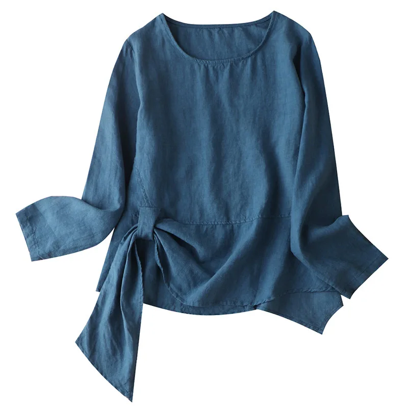 

100% Linen Top Women's Early Autumn New Solid Color Long-Sleeved Design Autumn Clothes Camisetas De Mujer 2020 blue white