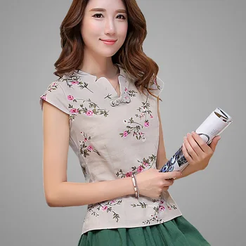 

Cotton Linen Spring Summer New Ethnic Style Women Retro Floral Print Chinese Traditional Clothings Button Qipao Cheongsam Top