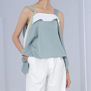 

Lace Up Shirt Women Off Shoulder Spaghetti Strap Ruffles Patchwork Irregular Blouse