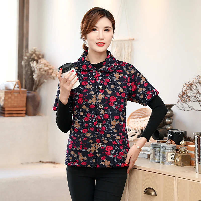 

Oriental Woman Winter Quilted Coats Half Sleeve Thicken Fleece Liner Chinese Style Flower Pattern Puff Padded Outerwear Female