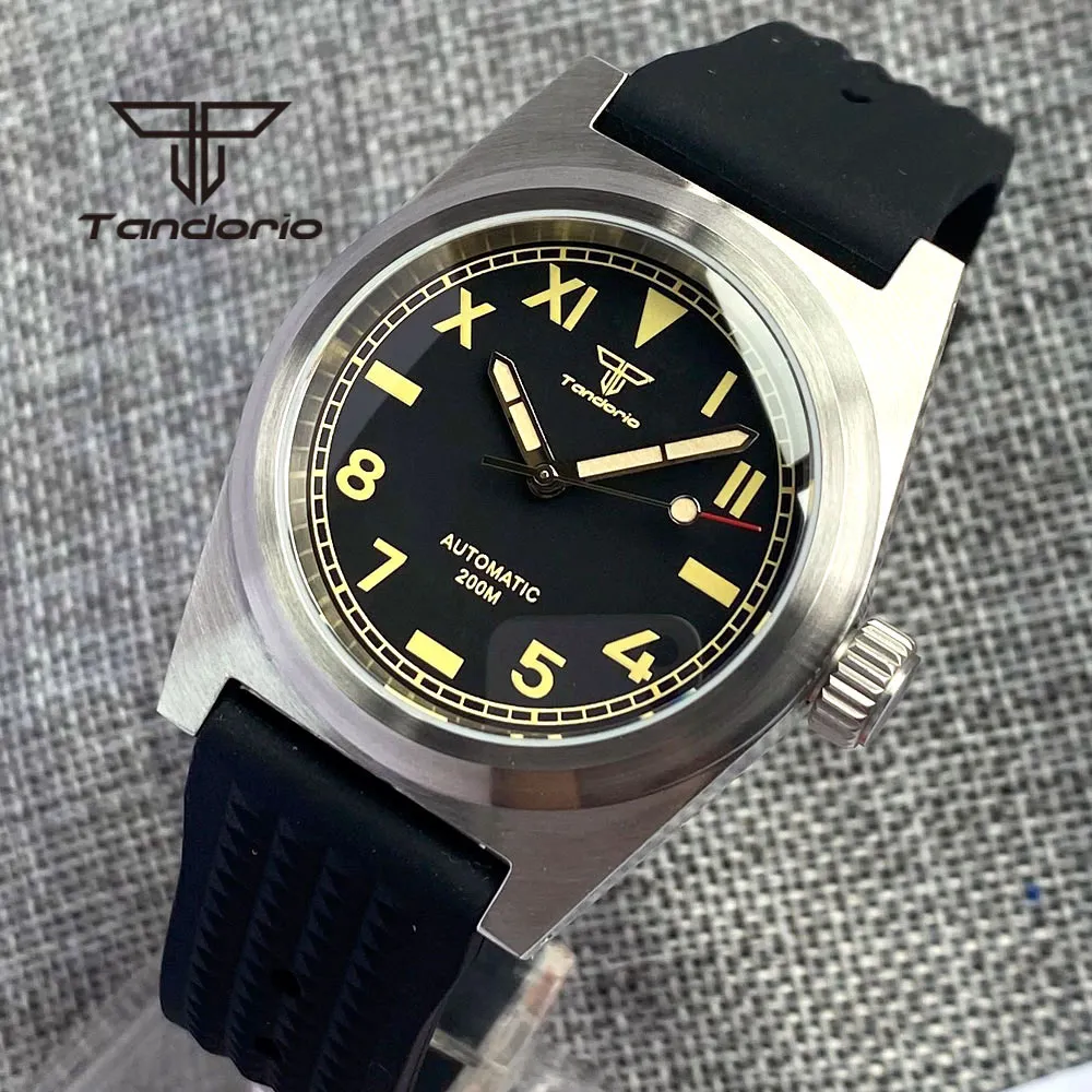 Tandorio 38mm 200M Waterproof Automatic Men Watch PT5000/NH35A Sapphire Glass Vintage Lume Dial Brushed Case Waffle Strap