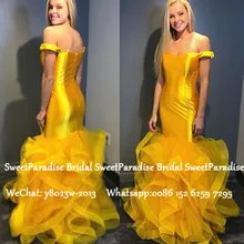 Потрясающие золотисто-желтые длинные платья для выпускного вечера с каскадными оборками Русалка с открытыми плечами женское вечернее платье vestido de festa