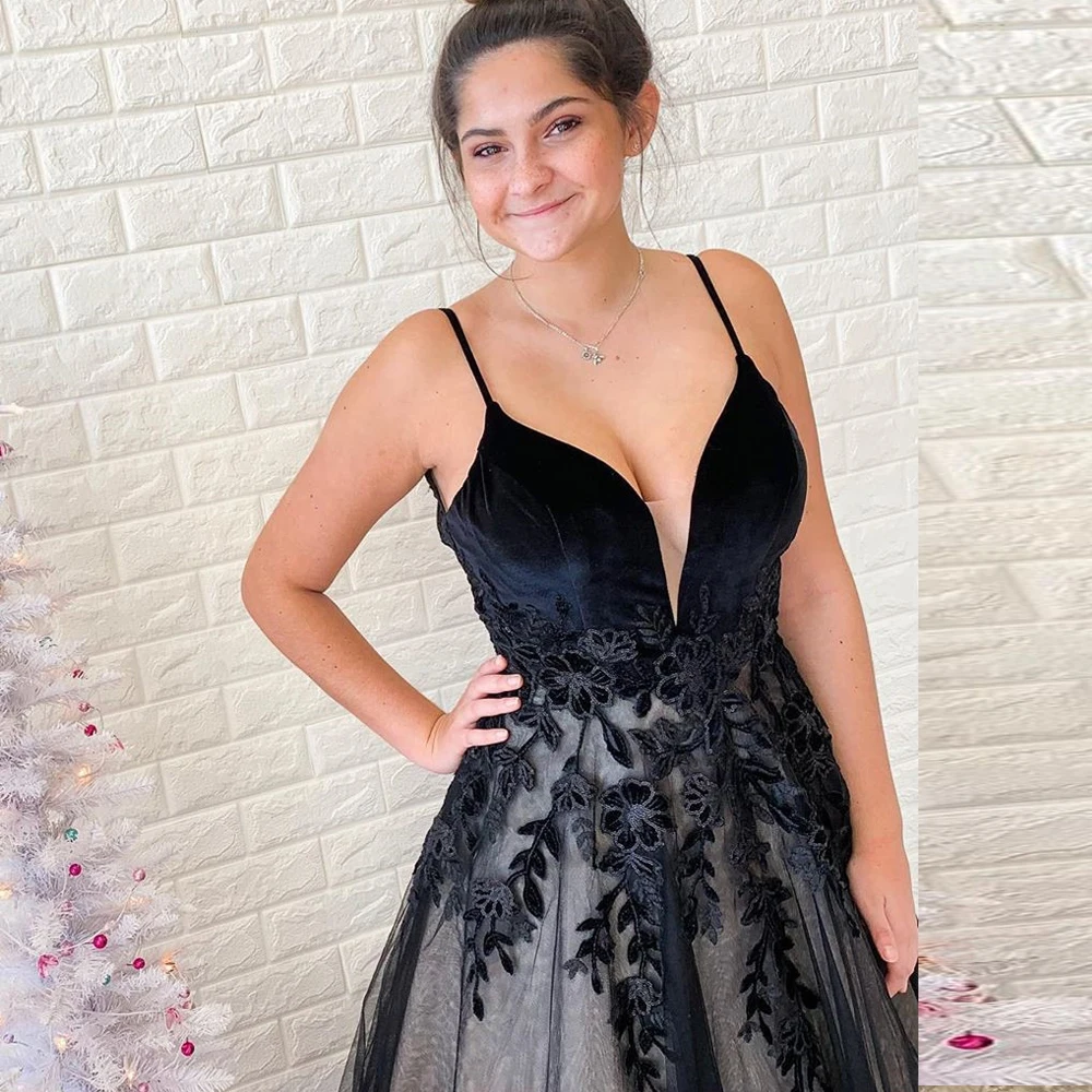 Bbonlinedress Элегантное Черное длинное платье для выпускного вечера с аппликацией, а-силуэт, официальное платье на тонких бретелях, платье для выпускного вечера, вечерние платья длиной до пола