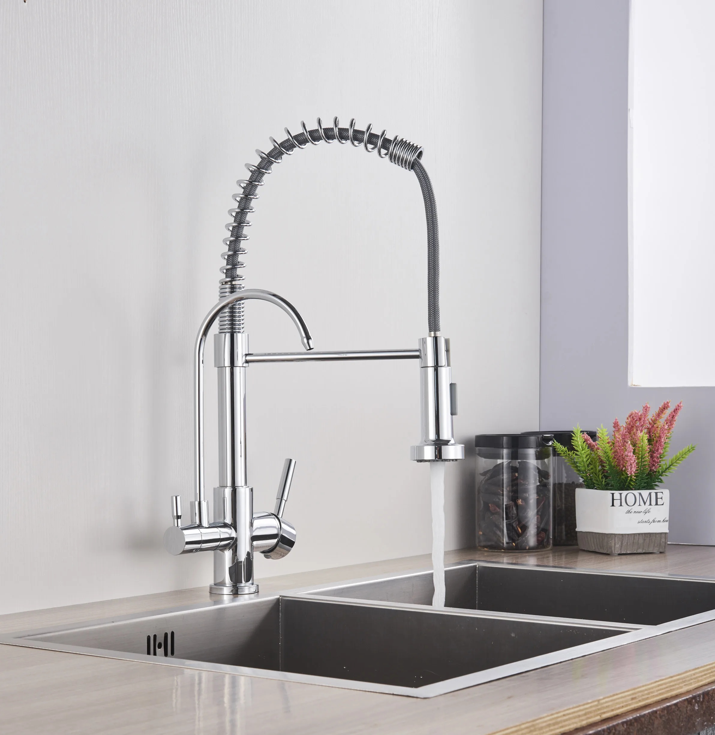 Faucet Весна Pull вниз кухонный кран прямой питьевой смеситель двойной Выпускной ниппель смешивания горячей и холодной воды вращающийся - Цвет: Faucet