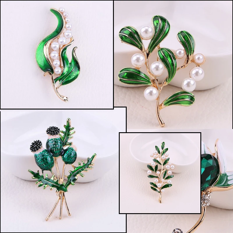 

High-grade 1pc New Sweet Fresh Green Enamel Brooch Tree Leaf Pearl Luxury Ladies Gift Jewelry Flower Brooch Creative Female Pin