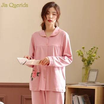 

Embroidery Rose Applique Luxury Women's Pajamas Long Sleeves Lapel Plus Size Pink Sleepwear Ladies Nighty Home Wear 100% Cotton